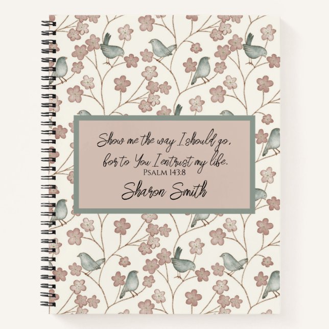 Whimsical Pastel Pink & Sage Green Floral Bird Notebook (Front)