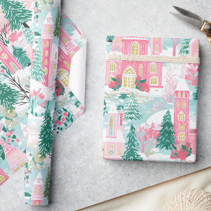 Whimsical Pastel Pink Winter Town Christmas  Wrapping Paper