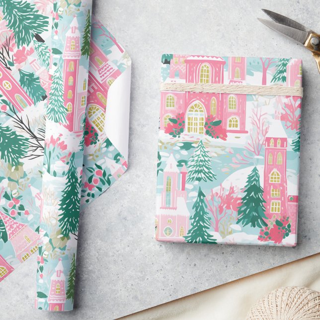 Whimsical Pastel Pink Winter Town Christmas  Wrapping Paper (Creator Uploaded)