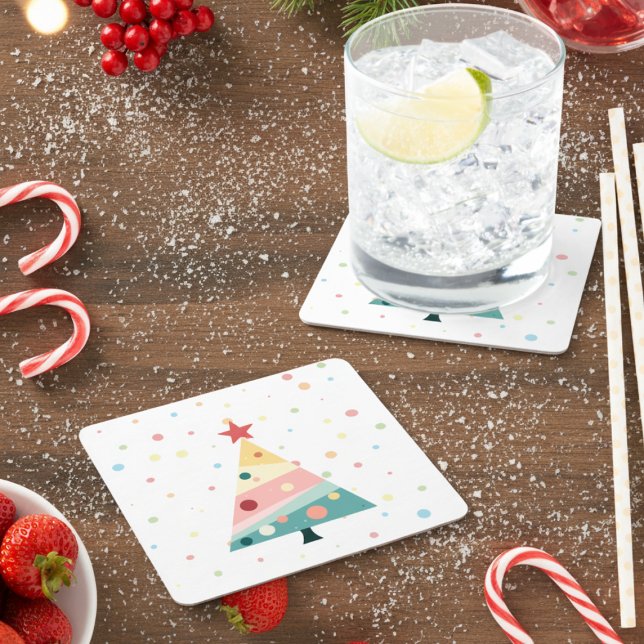 Whimsical Pastel Polka Dot Christmas Coaster (Pastel color polka dot Christmas tree drink coaster)