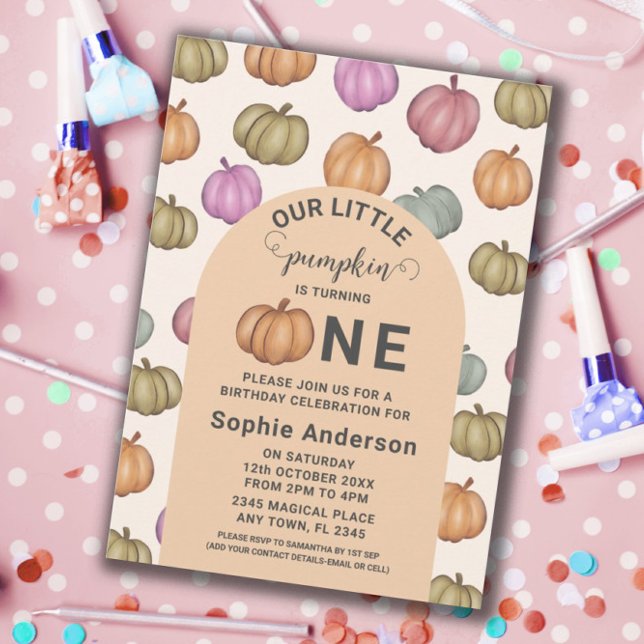 Whimsical Pastel Pumpkin First Birthday  Party Invitation (Creator Uploaded)