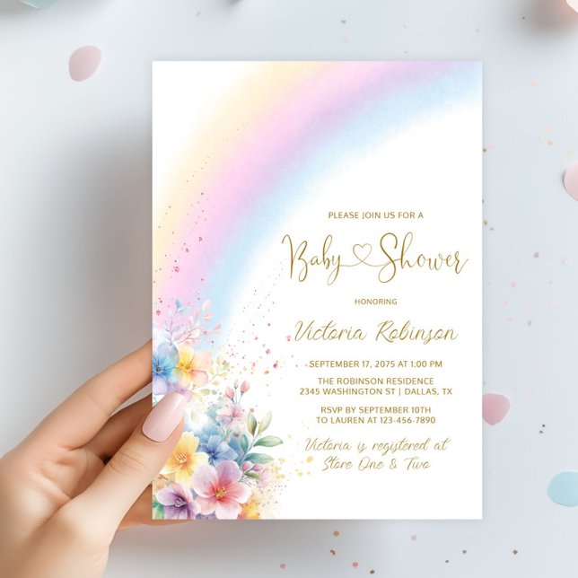 Whimsical Pastel Rainbow Baby Shower  Invitation (Watercolor rainbow and flowers rainbow baby shower invitation. Simply add your event details.)