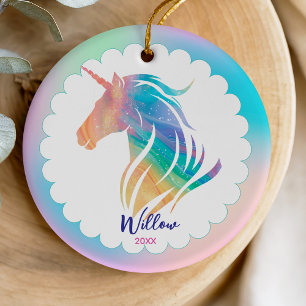Whimsical Pastel Rainbow Girly Unicorn Keepsake Ceramic Ornament
