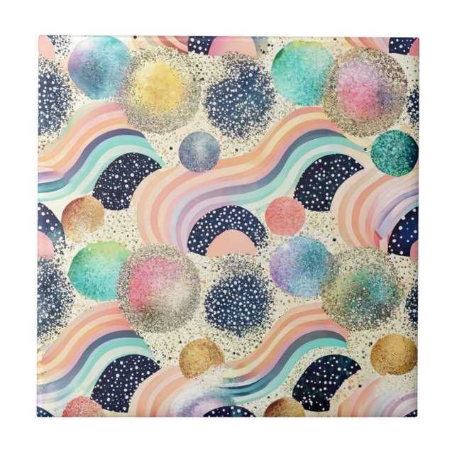 Whimsical Pastel Rainbow Waves & Glitter Abstract  Ceramic Tile (Front)