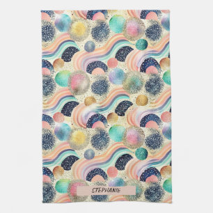 Whimsical Pastel Rainbow Waves & Glitter Abstract Tea Towel
