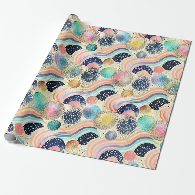 Whimsical Pastel Rainbow Waves & Glitter Abstract  Wrapping Paper (Unrolled)