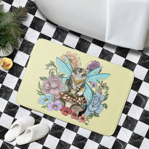 Whimsical Pastel Tabby Fairy Cat Floral Fantasy Bath Mat
