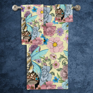 Whimsical Pastel Tabby Fairy Cat Floral Fantasy Bath Towel Set