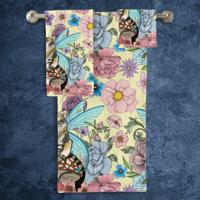 Whimsical Pastel Tabby Fairy Cat Floral Fantasy  Bath Towel Set (Creator Uploaded)