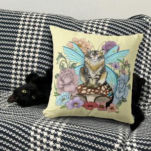 Whimsical Pastel Tabby Fairy Cat Floral Fantasy Cushion
