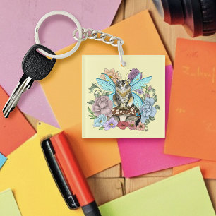 Whimsical Pastel Tabby Fairy Cat Floral Fantasy Key Ring