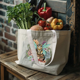 Whimsical Pastel Tabby Fairy Cat Floral Fantasy Large Tote Bag