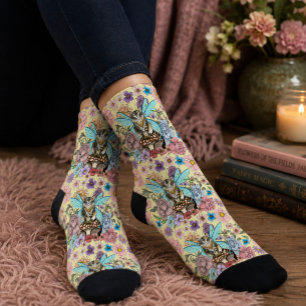 Whimsical Pastel Tabby Fairy Cat Floral Fantasy Socks