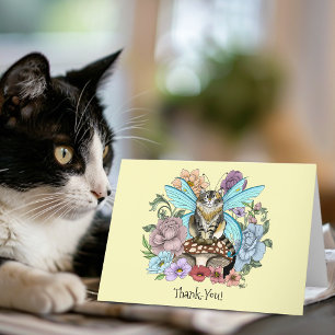 Whimsical Pastel Tabby Fairy Cat Floral Fantasy Thank You Card