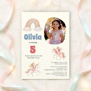Whimsical Pastel Unicorn Princess Photo Birthday Invitation