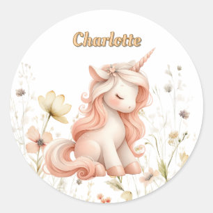 Whimsical pastel unicorn wildflower classic round sticker