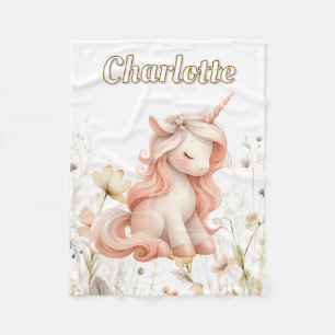 Whimsical pastel unicorn wildflower fleece blanket