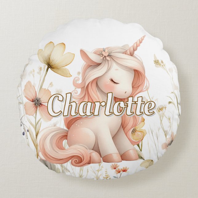 Whimsical pastel unicorn wildflower round cushion (Front)