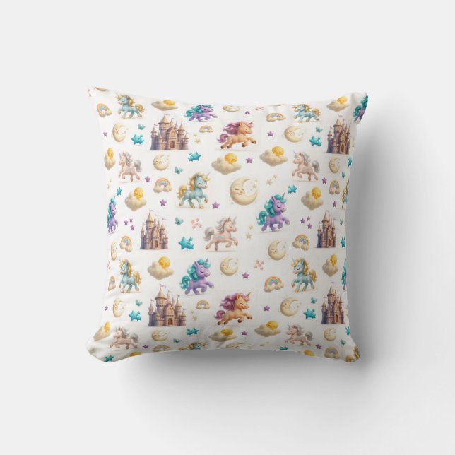 Whimsical Pastel Unicorns and Castles Fantasy Cushion (Front)