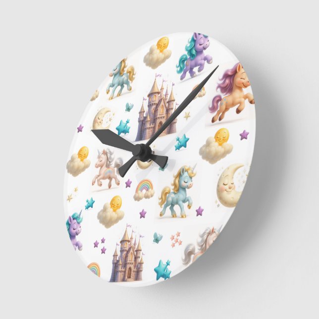 Whimsical Pastel Unicorns and Castles Fantasy Round Clock (Angle)