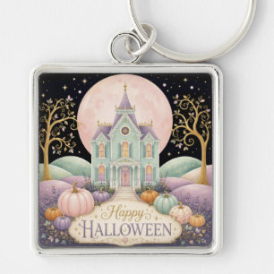 Whimsical Pastel Victorian Haunted House Halloween Key Ring