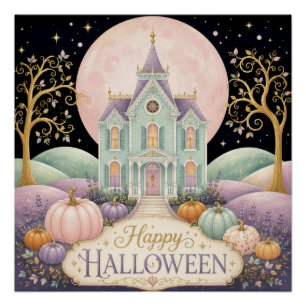 Whimsical Pastel Victorian Haunted House Halloween Poster