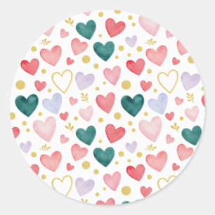 Whimsical Pastel Watercolor Hearts & Gold Leaf Classic Round Sticker