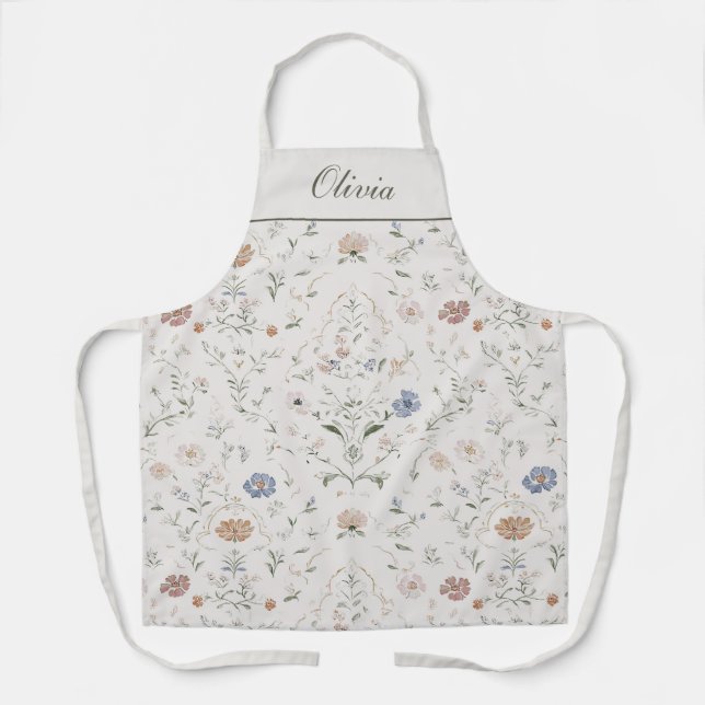 Whimsical Pastel Watercolor Wildflower Custom Name Apron (Front)