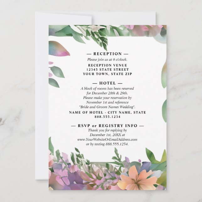 Whimsical Pastel Watercolor Wildflower Wedding Invitation (Back)