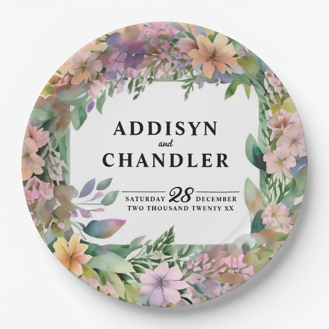 Whimsical Pastel Watercolor Wildflower Wedding Paper Plate (Front)