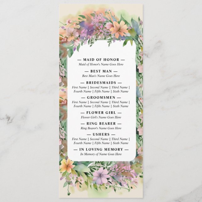 Whimsical Pastel Watercolor Wildflower Wedding Program (Back)