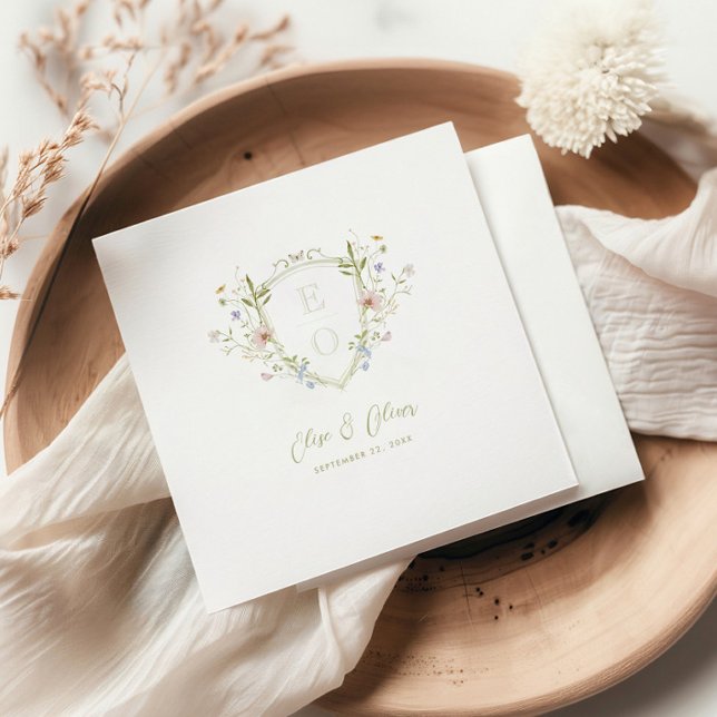Whimsical Pastel Wildflower Crest Wedding Napkin (Creator Uploaded)
