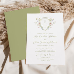 Whimsical Pastel Wildflower Monogram Crest Wedding Invitation