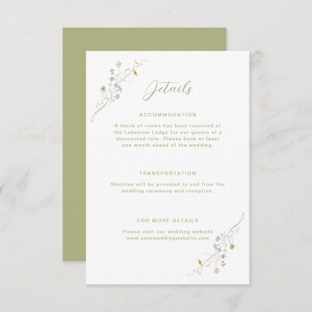 Whimsical Pastel Wildflower Wedding Details Enclosure Card (Front/Back)