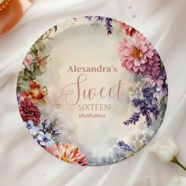 Whimsical Pastel Wildflowers Sweet 16 Paper Plate (Creator Uploaded)