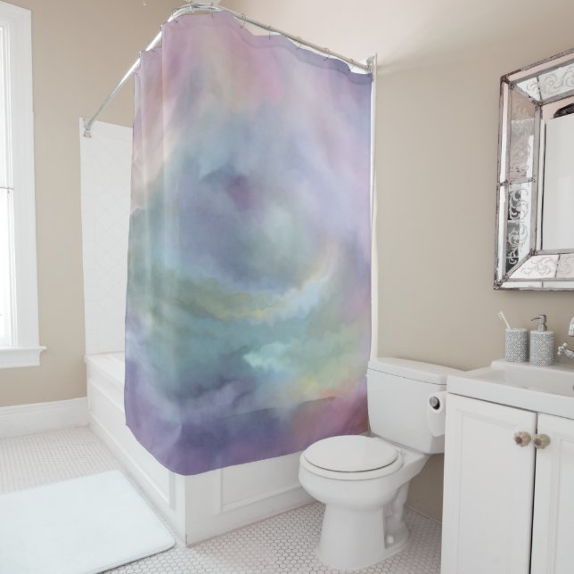 Whimsical Pastels | Dreamy Muted Rainbow Mottle Shower Curtain (In Situ)
