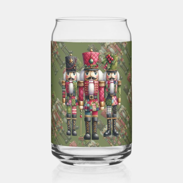 Whimsical Patchwork Christmas Nutcracker Trio Can Glass (Front)