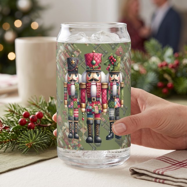 Whimsical Patchwork Christmas Nutcracker Trio Can Glass (Whimsical Patchwork Christmas Nutcracker Trio Can Glass)