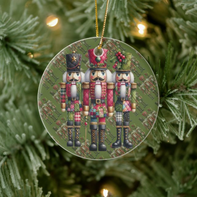 Whimsical Patchwork Christmas Nutcracker Trio Ceramic Ornament (Tree)