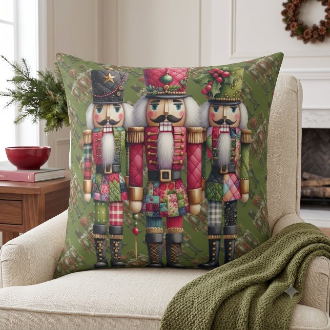 Whimsical Patchwork Christmas Nutcracker Trio Cushion (Whimsical Patchwork Christmas Nutcracker Trio Throw Pillow)