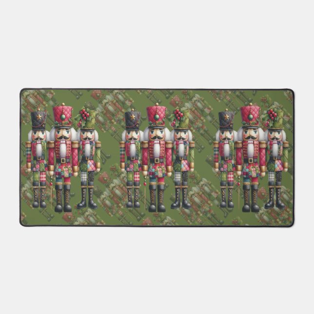 Whimsical Patchwork Christmas Nutcracker Trio Desk Mat (Front)