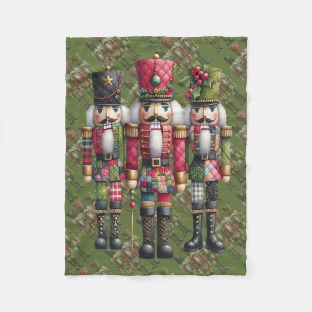 Whimsical Patchwork Christmas Nutcracker Trio Fleece Blanket (Front)