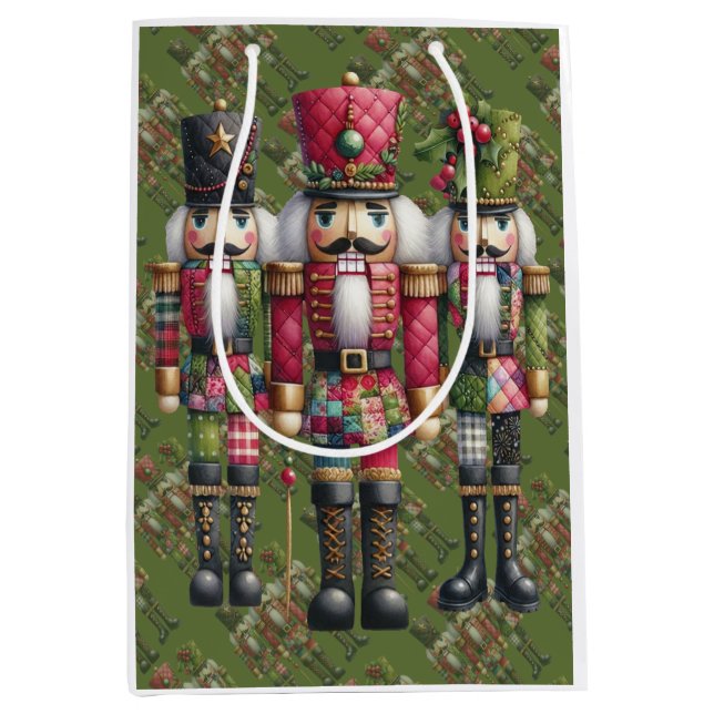 Whimsical Patchwork Christmas Nutcracker Trio Medium Gift Bag (Front)