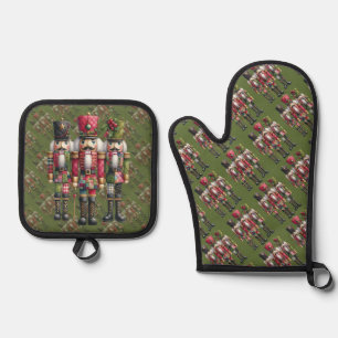 Whimsical Patchwork Christmas Nutcracker Trio Oven Mitt & Pot Holder Set