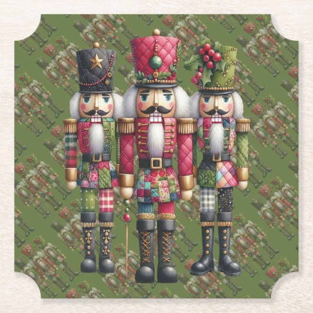 Whimsical Patchwork Christmas Nutcracker Trio Paper Coaster (Front)