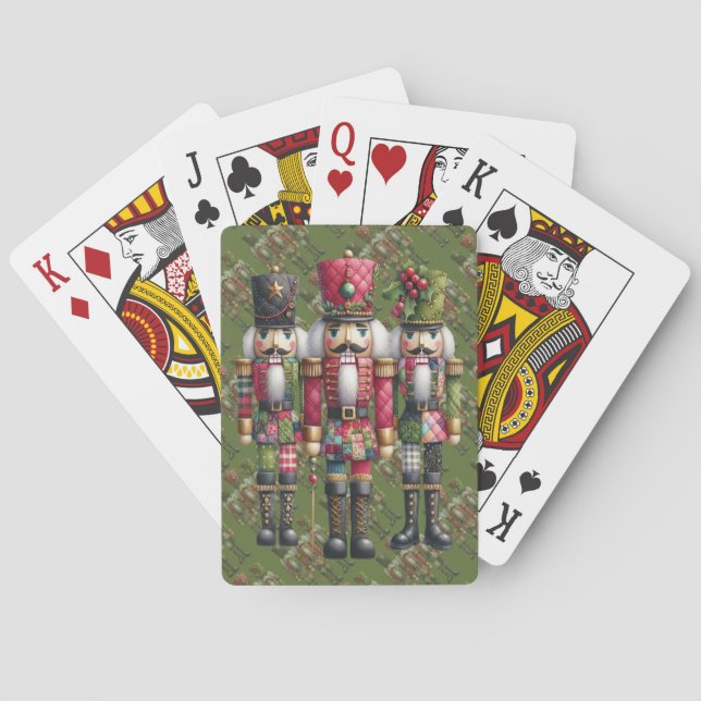 Whimsical Patchwork Christmas Nutcracker Trio Playing Cards (Back)