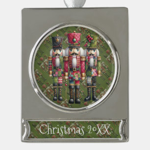 Whimsical Patchwork Christmas Nutcracker Trio Silver Plated Banner Ornament