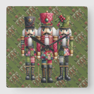 Whimsical Patchwork Christmas Nutcracker Trio Square Wall Clock
