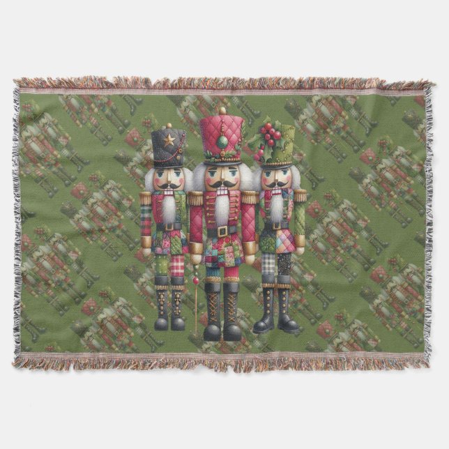 Whimsical Patchwork Christmas Nutcracker Trio Throw Blanket (Front)