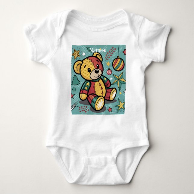 Whimsical Patchwork Christmas Teddy Bear Baby Bodysuit (Front)